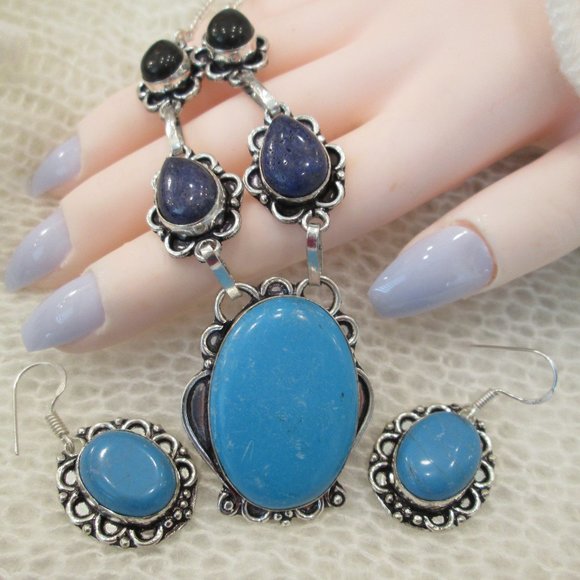 TURQUOISE NATURAL PERSIAN GEMSTONE LADIES  925 STERLING SILVER NECKLACE EARRING - Picture 5 of 9